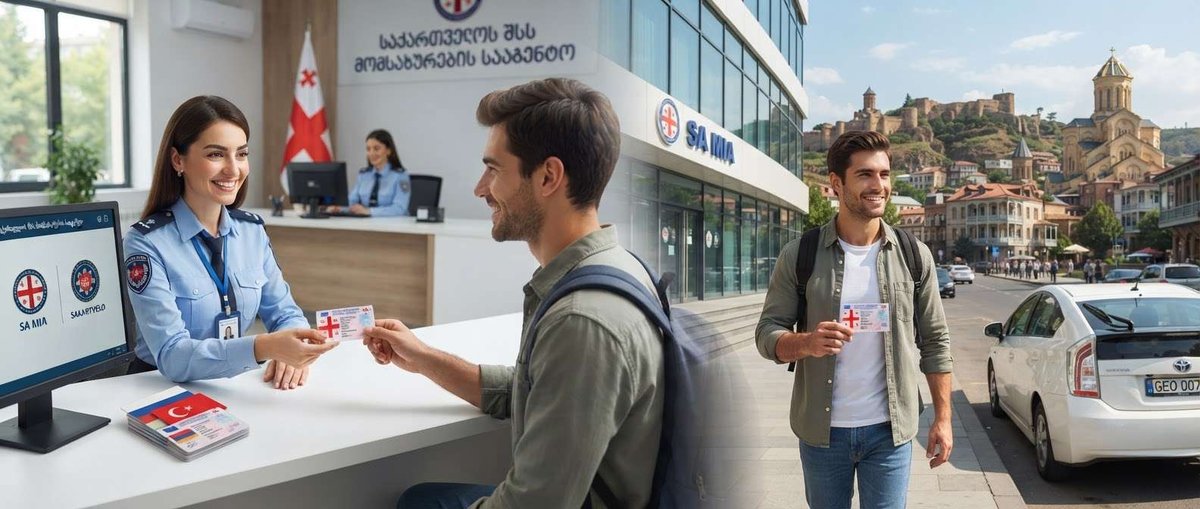A man receiving a card at a government service counter, then walking near Old Tbilisi's hillside fortress.
