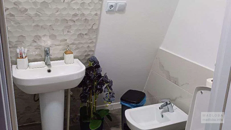 унитаз, раковина и биде в ванной комнате коттеджа Luma Cottage Borjomi