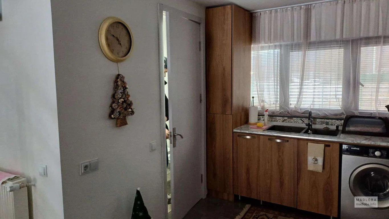 кухонная зона и дверь в ванную комнату