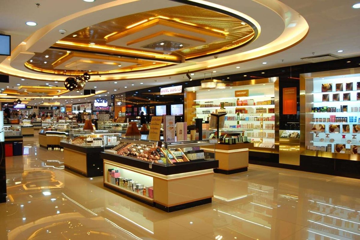 Glass display counters of jewelry and cosmetics beneath an ornate gold-lit ceiling in a spacious duty free shopping hall.