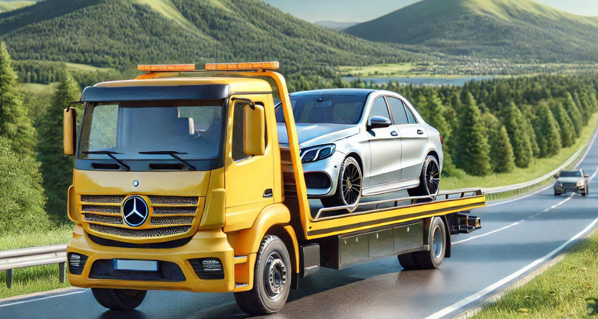 a tow truck is transporting a car