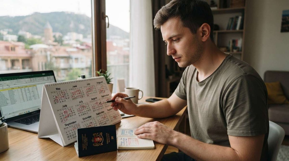 A man marking a wall calendar with a pen while reviewing his passport pages, with a laptop spreadsheet on the desk and a hillside view outside.