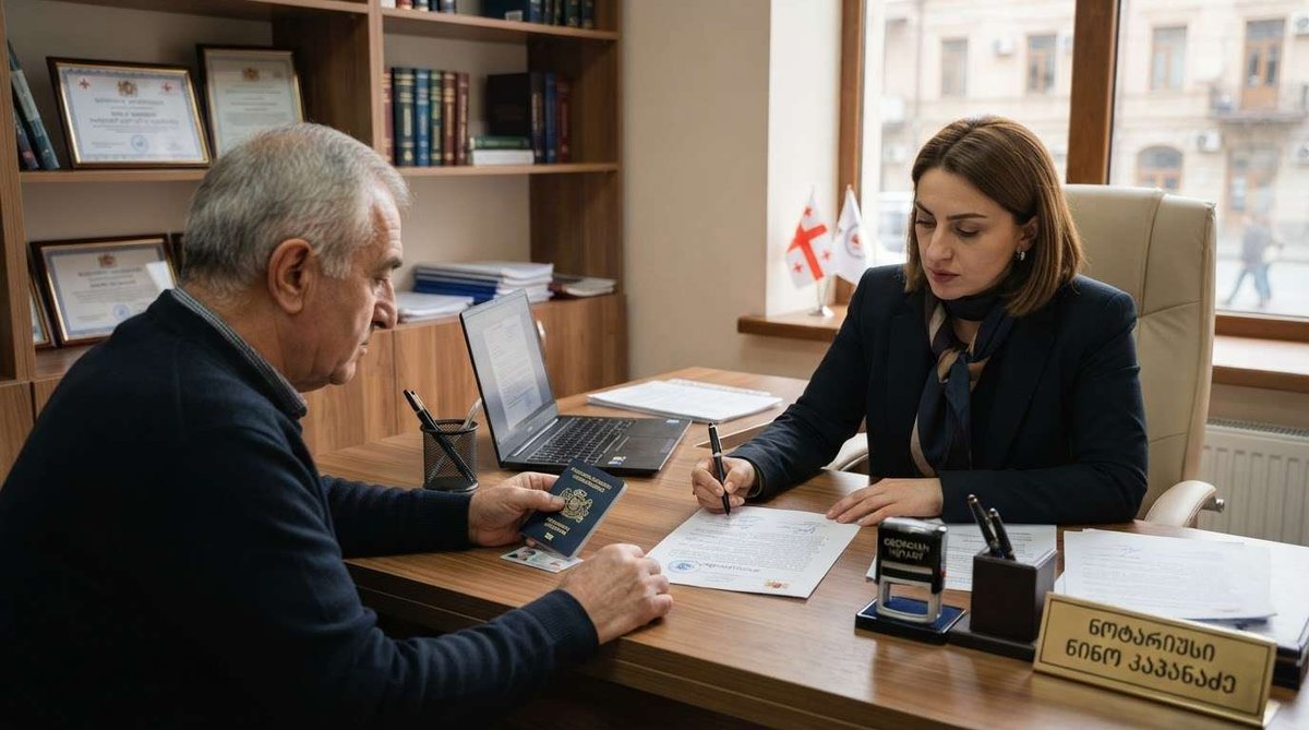 An older man holding a passport while a notary in a blazer signs a document at a desk with a stamp, name plate, and Georgian flags.
