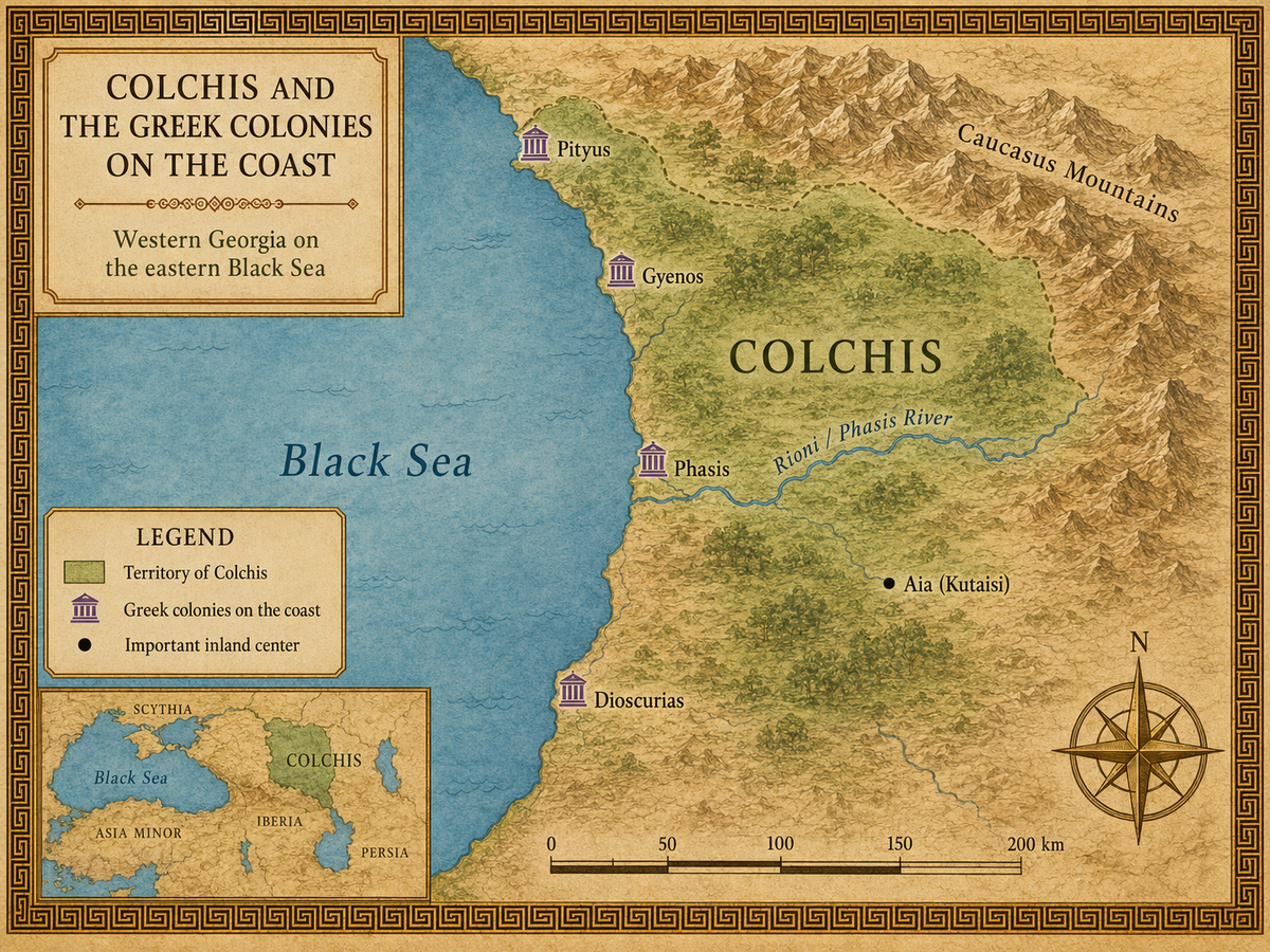 English-language infographic map showing the territory of ancient Colchis in Western Georgia, Greek colonies on the eastern Black Sea coast, the Rioni and Phasis River, the Caucasus Mountains, and important inland centers.