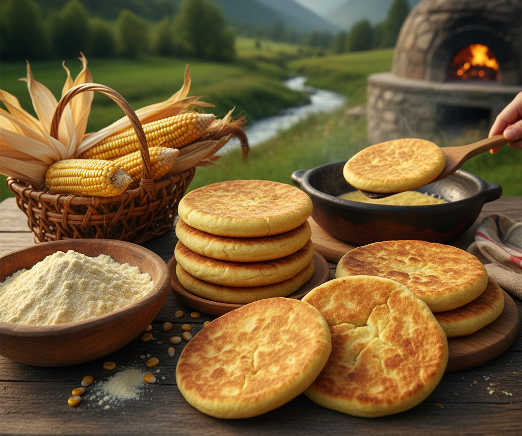 Golden corn flatbreads are stacked and served beside corn cobs, cornmeal, and a stone wood-fired oven in a green mountain valley.