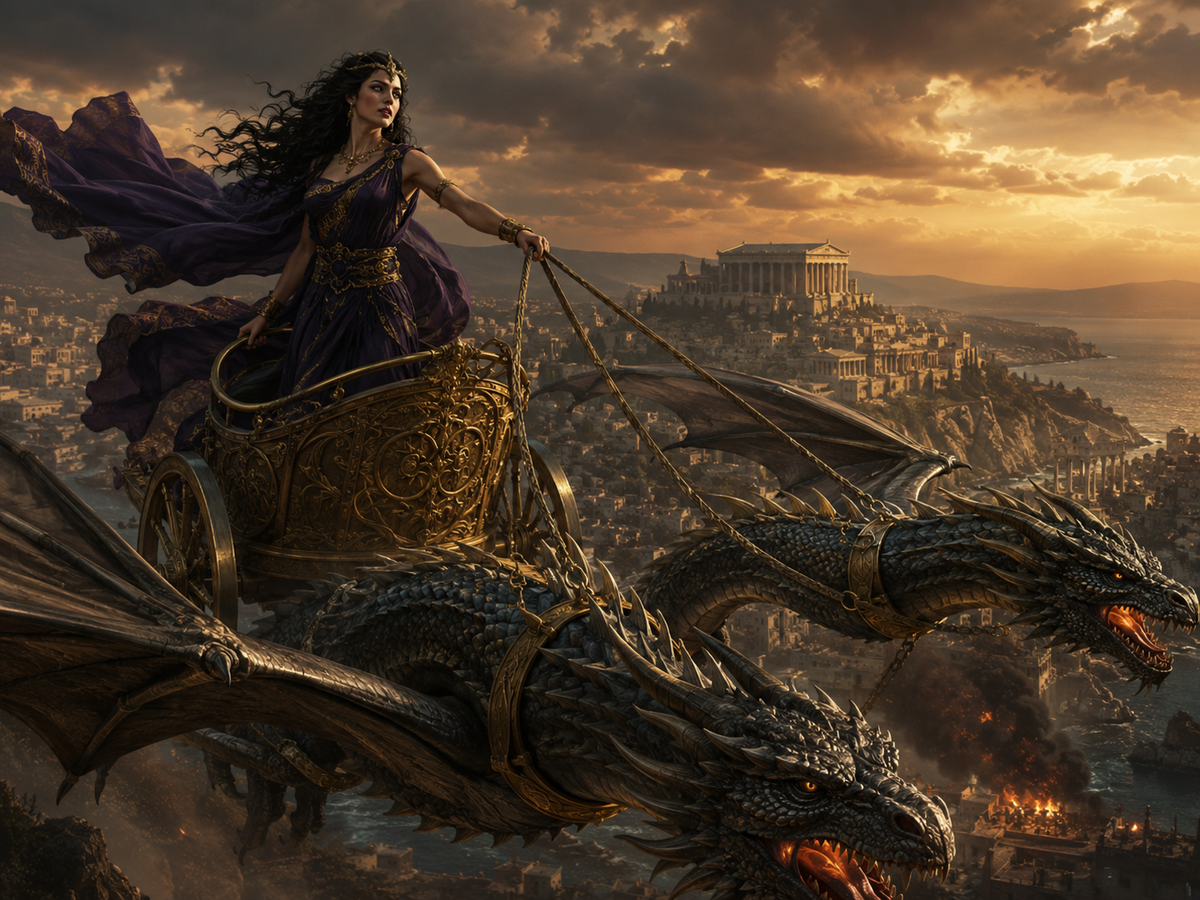 Dramatic mythological illustration of Medea fleeing from Corinth in a golden chariot drawn by dragons, with the ancient city below and a stormy sunset sky in the background.