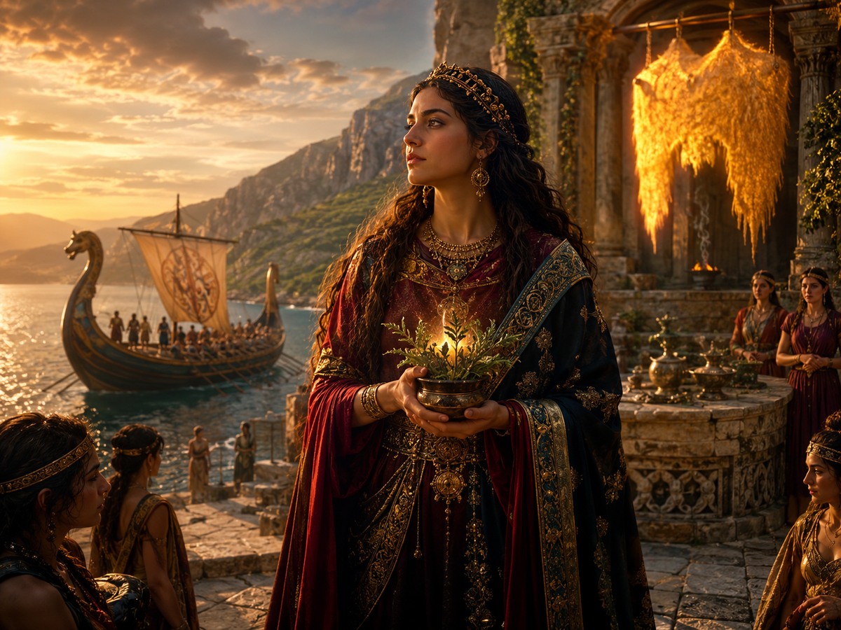 Mythological illustration of Medea, the Colchian princess, holding a glowing ritual bowl near the Golden Fleece, with Jason’s ship Argo in the background on the coast of ancient Colchis.