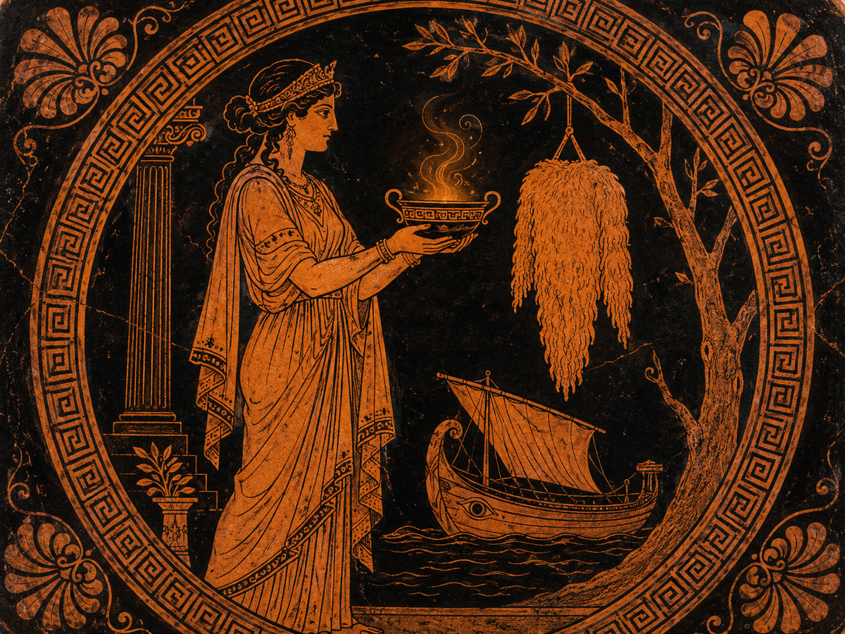 Ancient Greek vase-style illustration of Medea holding a ritual bowl beside the Golden Fleece and the ship Argo, framed with classical Greek ornaments and mythological details.