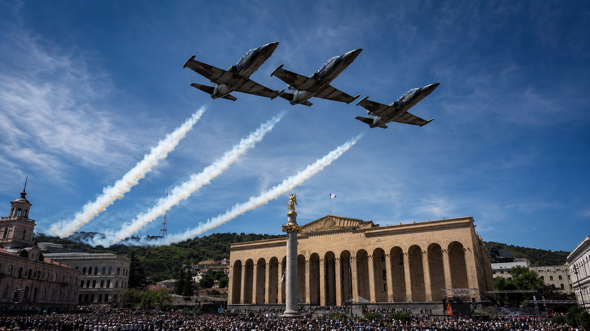 Georgian military jets fly in formation over central Tbilisi, leaving white smoke trails against a clear blue May sky.