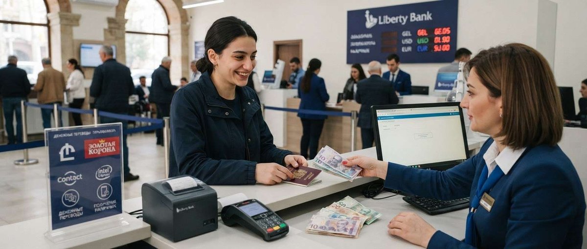 A customer collects a cash money transfer with her passport at a Liberty Bank counter, with Golden Crown and Contact transfer logos displayed nearby.