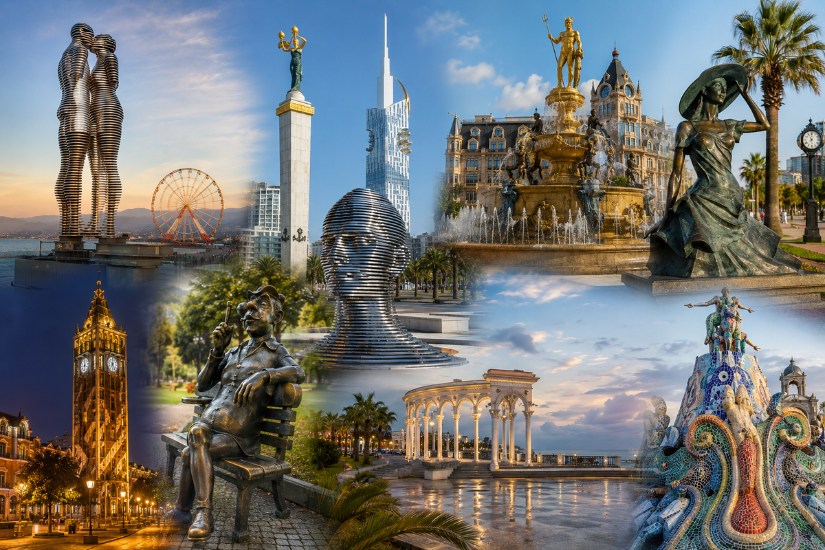 A collage of Batumi’s most recognizable monuments, statues, fountains and public art along the seaside boulevard.