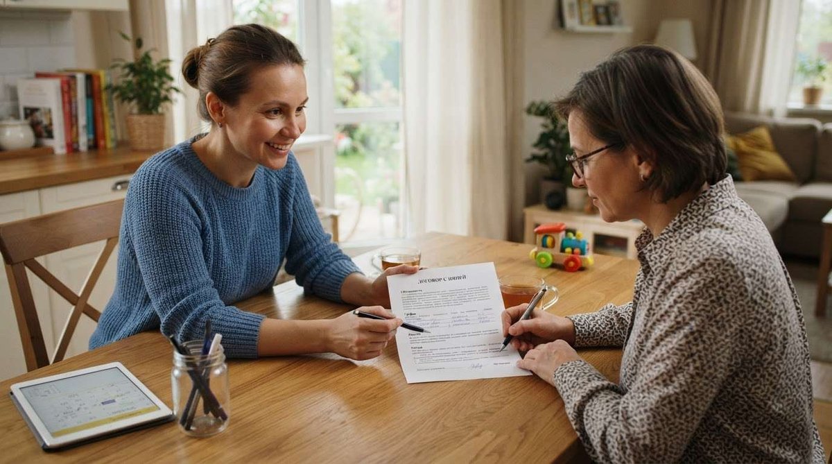 Two women reviewing and signing a nanny contract at a wooden table, with tea, a tablet calendar, and children's toys nearby.