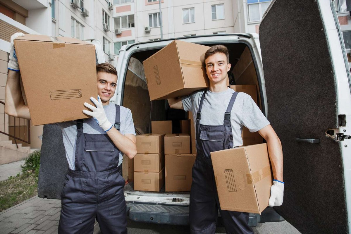 Two smiling movers in overalls carrying cardboard boxes toward an open cargo van parked outside an apartment building.
