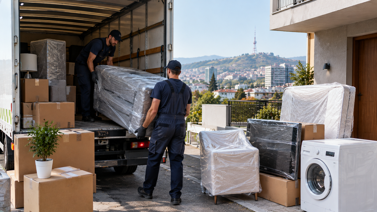 Two movers carry a plastic-wrapped sofa into a truck beside stacked boxes, a wrapped armchair, TV, and washing machine, with a hilltop TV tower and city view in the background.
