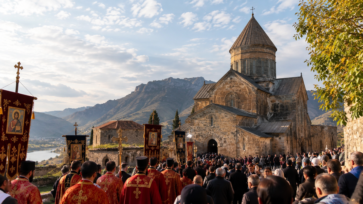 A traditional religious celebration at Svetitskhoveli Cathedral in historic Mtskheta, Georgia, surrounded by autumn landscapes.