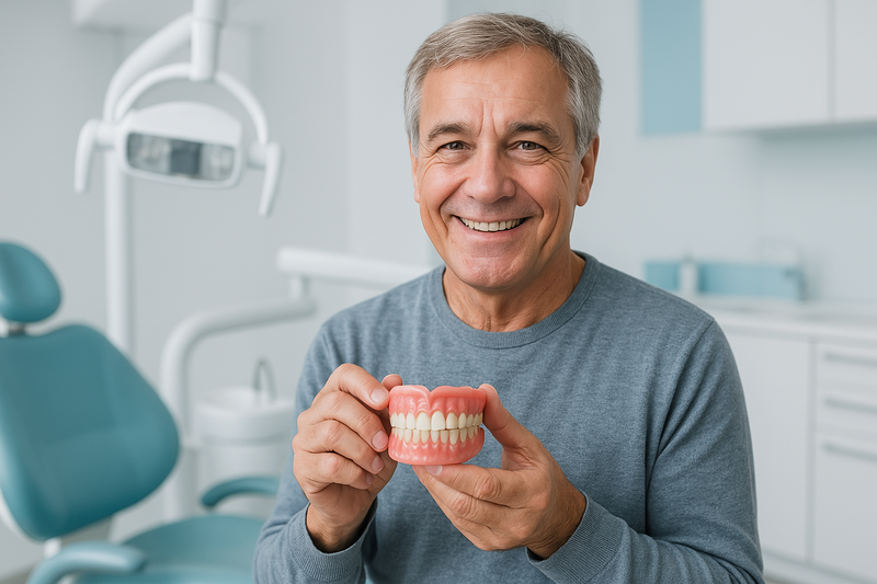 A man in a dentist's office holding a denture
