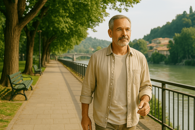 A man walks along the embankment in Kutaisi.