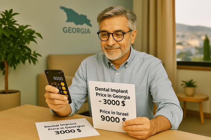 A man looks at a bill for dental implants.