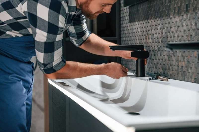 A man in a blue apron is changing a sink in a bathroom.