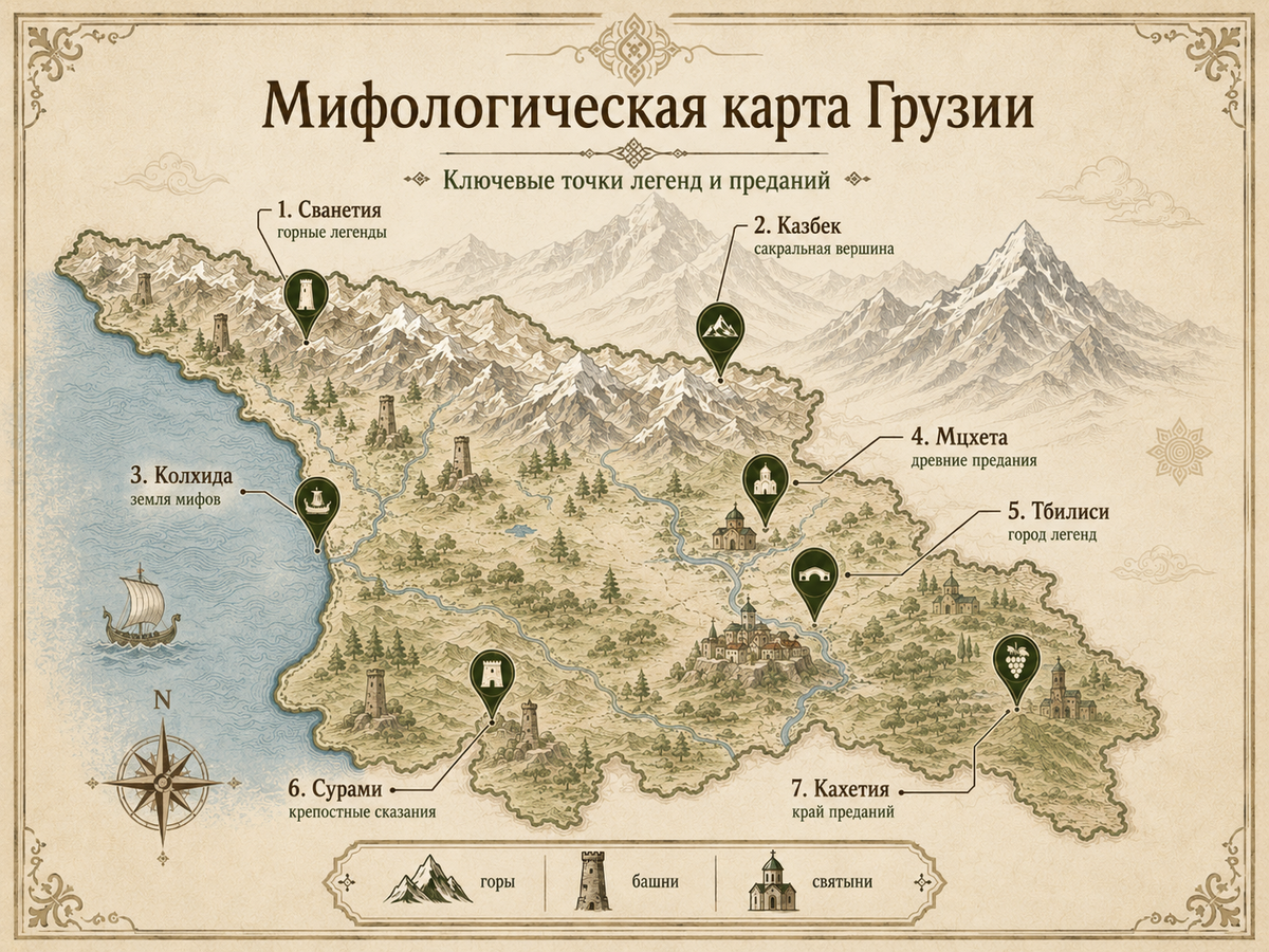 Illustrated mythological map of Georgia highlighting Svaneti, Mount Kazbek, Colchis, Mtskheta, Tbilisi, Surami, and Kakheti with mountains, towers, sacred sites, and regional folklore symbols.