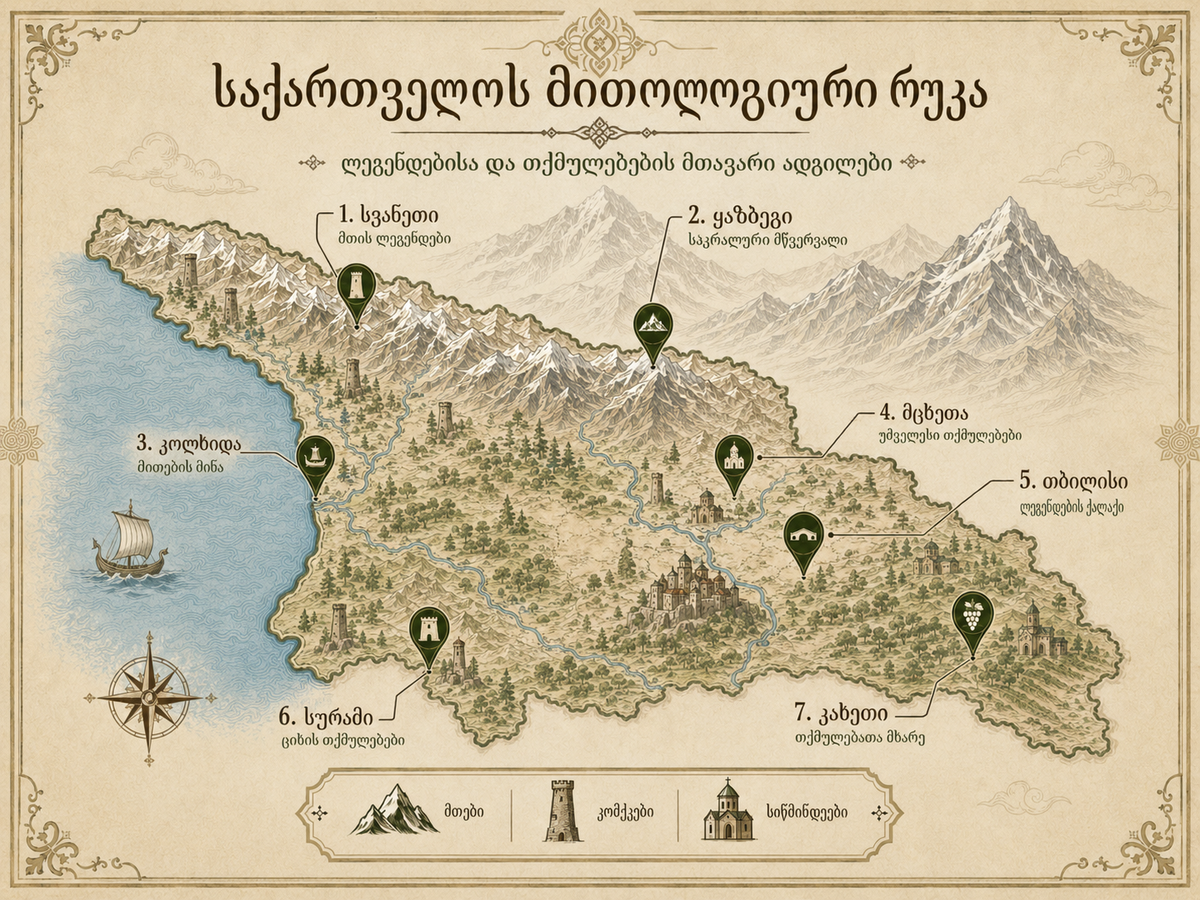 Illustrated mythological map of Georgia highlighting Svaneti, Mount Kazbek, Colchis, Mtskheta, Tbilisi, Surami, and Kakheti with mountains, towers, sacred sites, and regional folklore symbols_KA