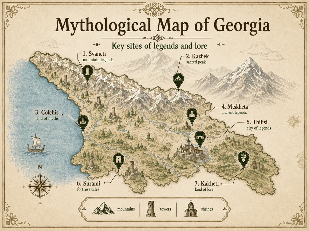Illustrated mythological map of Georgia highlighting Svaneti, Mount Kazbek, Colchis, Mtskheta, Tbilisi, Surami, and Kakheti with mountains, towers, sacred sites, and regional folklore symbols_EN