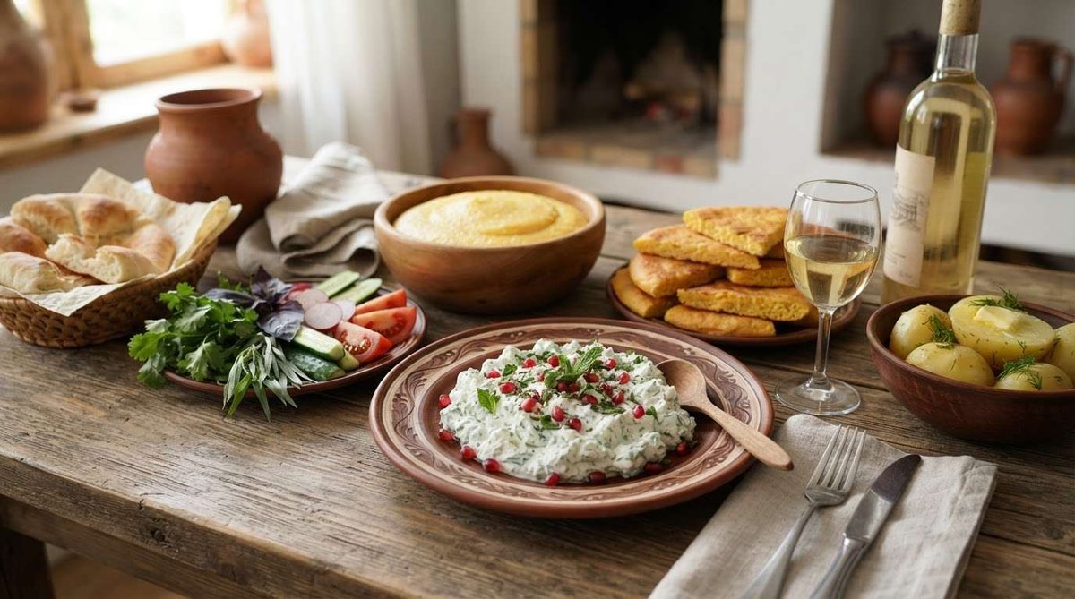 A plate of mint-flecked nadugi topped with pomegranate seeds sits on a wooden table with mchadi, boiled potatoes, fresh vegetables, bread, and a glass of white wine.