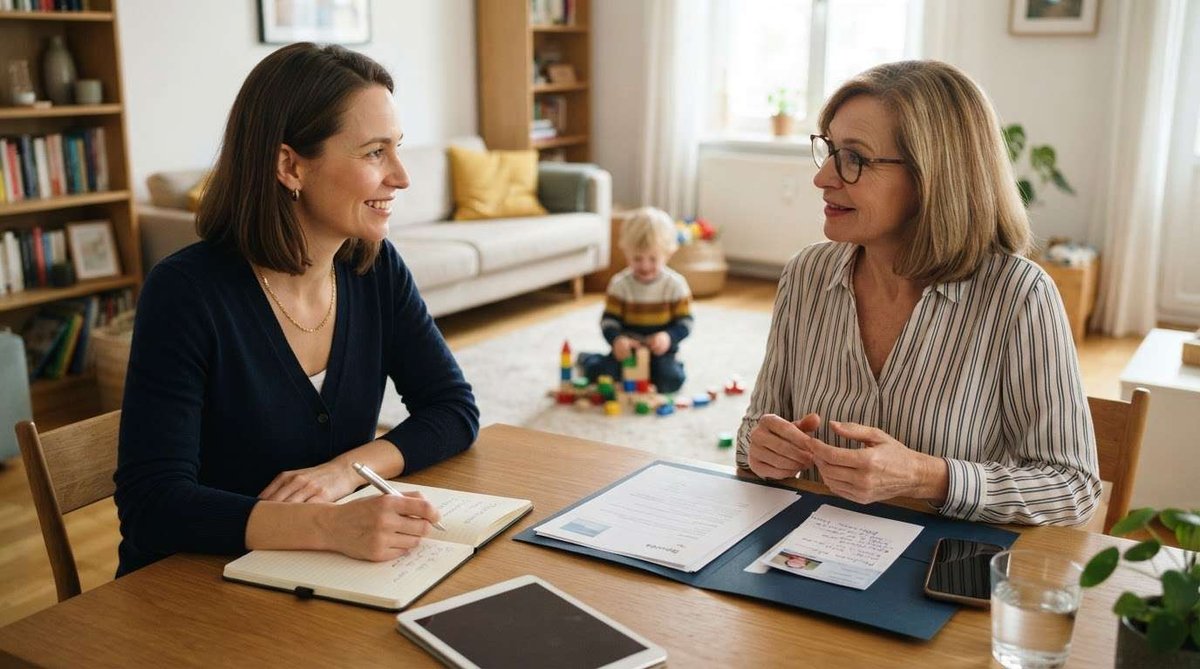 A mother taking notes while a prospective nanny presents a folder of documents and a photo ID across the dining table, with a child playing nearby.