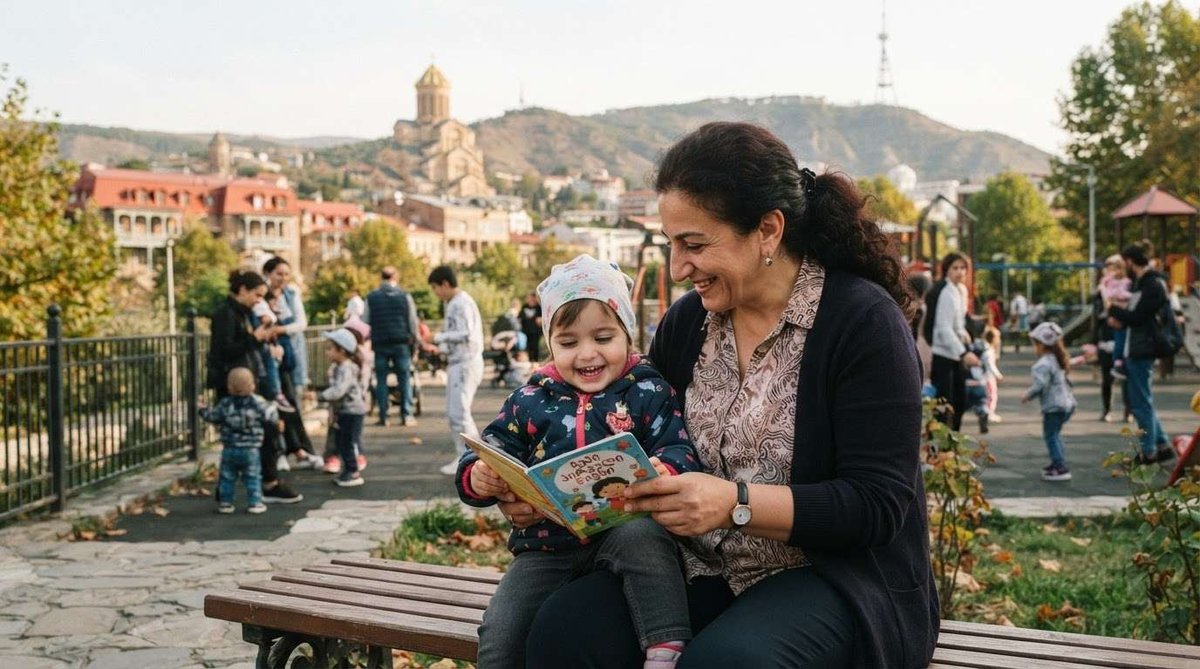 A nanny laughs with a toddler on her lap while reading a picture book on a park bench, with a playground and Old Tbilisi's church and hillside visible behind them.