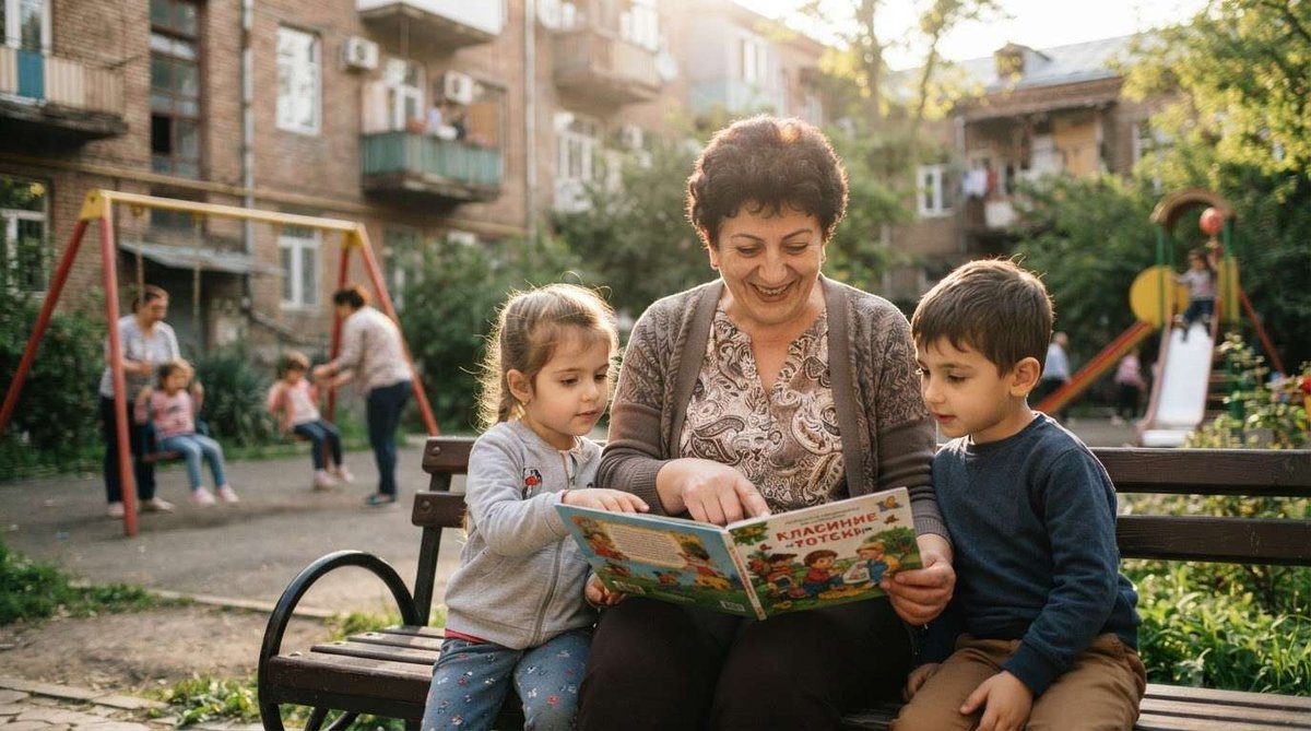 A nanny reading an illustrated book with a girl and boy on a bench, with a playground, swings, and apartment balconies in the background.