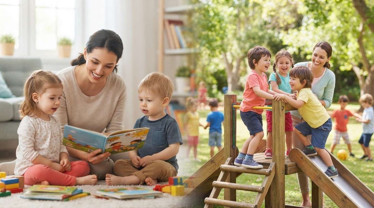 A split image of a nanny reading a picture book with two toddlers indoors, and a caregiver with children climbing a wooden playground structure outdoors.