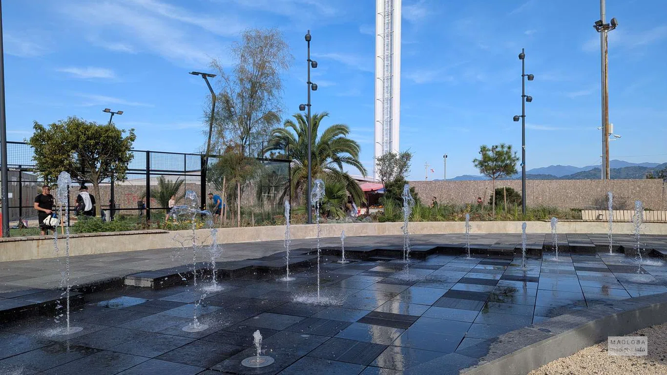 Вид на фонтан и белую башню — сочетание инженерной точности и природной гармонии побережья Батуми.