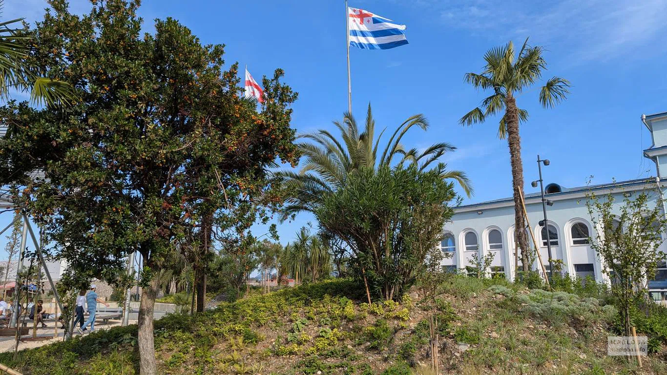 Пышная зелень и пальмы под развевающимися флагами Грузии и Аджарии создают атмосферу южного уюта.