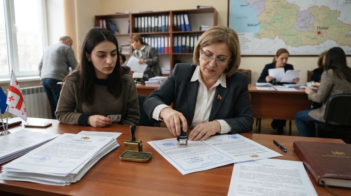 A clerk in a blazer stamping official papers while a young woman holds an ID card, with a Georgia flag, filing shelves, and a wall map in the background.