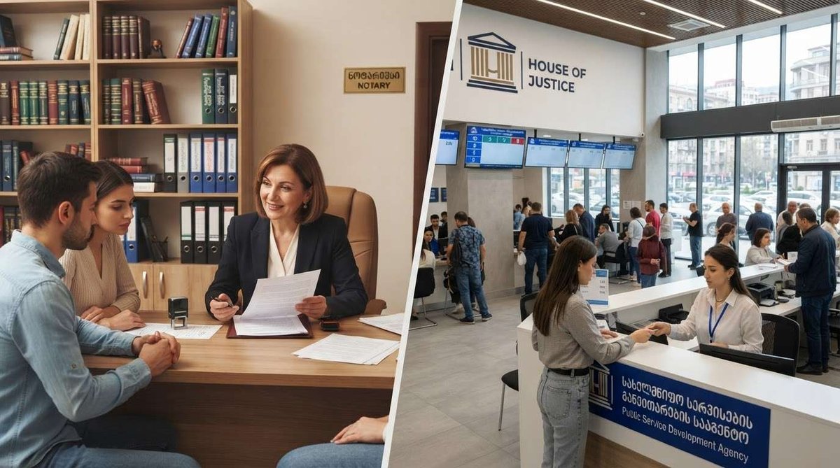 A split image of a notary signing papers for a couple in her office, and clerks serving visitors at a House of Justice public service counter.