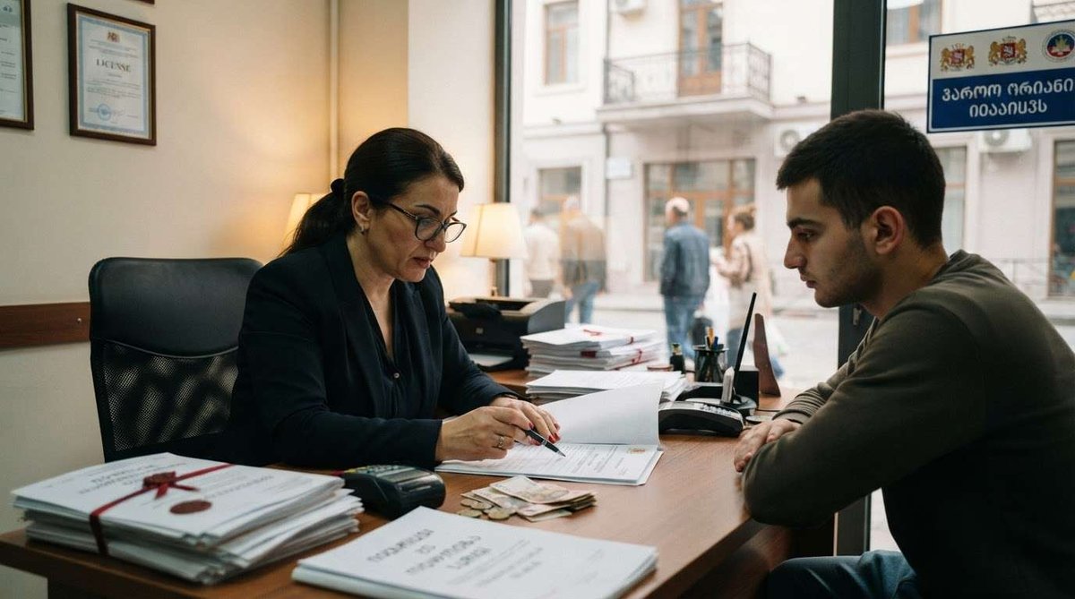 A notary going over paperwork with a client, with cash, a payment terminal, and stacked bound documents on the desk near a street-facing window.