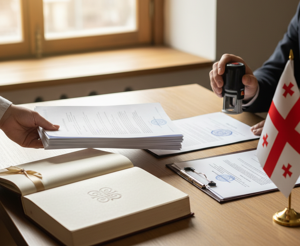 A hand handing over a stack of papers while another hand stamps a document at a desk with a ledger and a small Georgian flag.