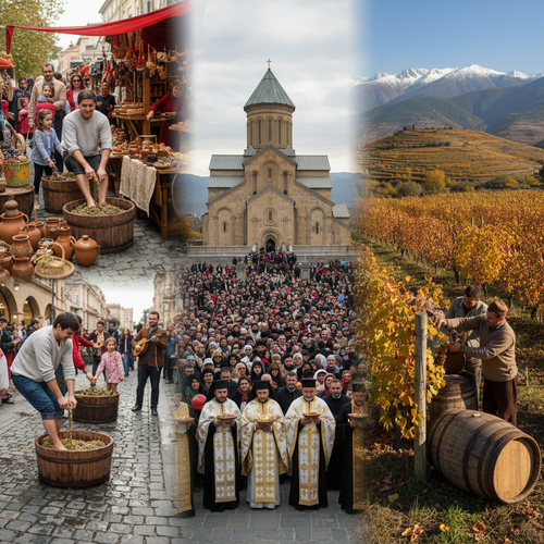 A short caption: grape-stomping in Tbilisi, a clergy procession at Svetitskhoveli Cathedral, and late-season harvest in Kakheti's mountain vineyards.
