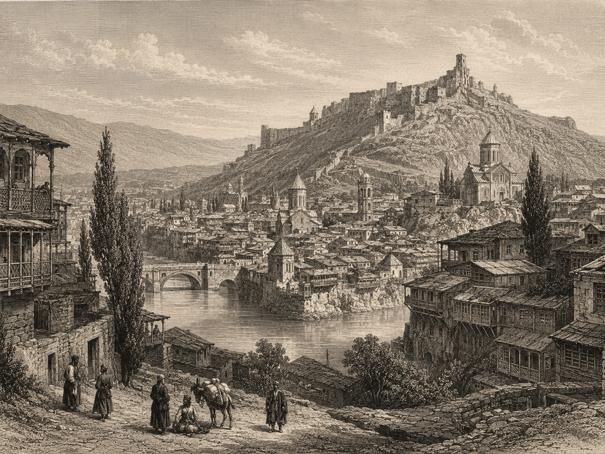 Antique 19th-century engraving-style view of Old Tiflis, showing the Kura River, traditional wooden balconies, churches, bridges, hillside houses, and the Narikala fortress rising above the historic city.