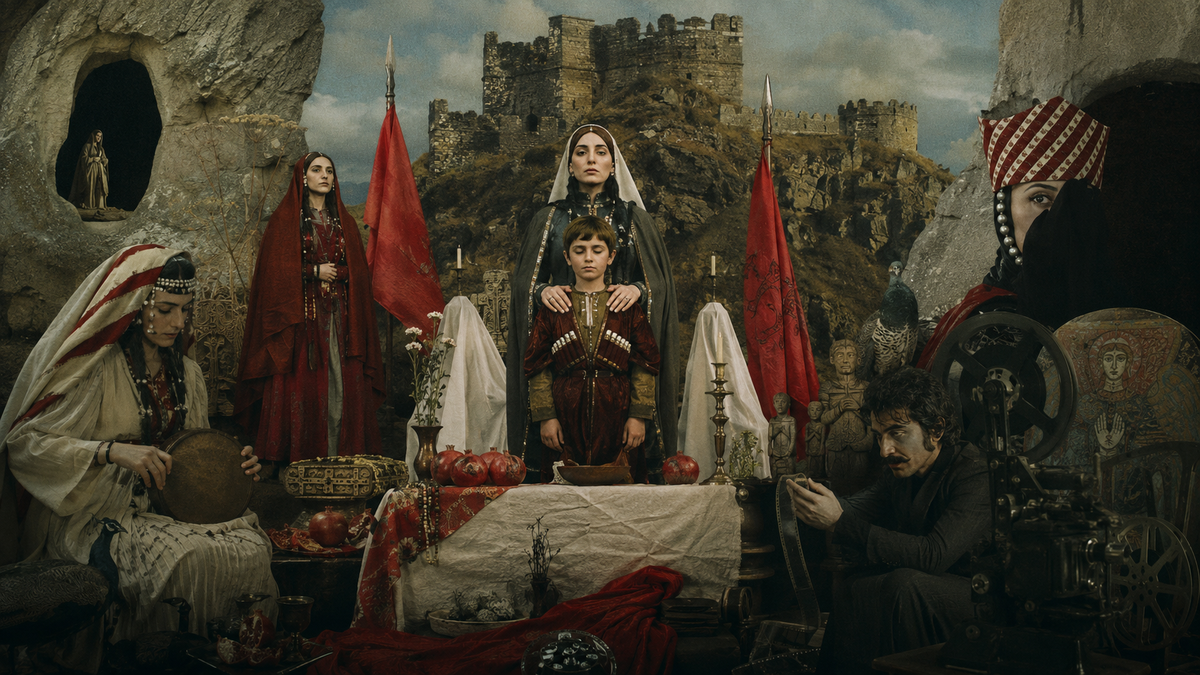 Cinematic tableau inspired by Sergei Parajanov’s film The Legend of Surami Fortress, showing ritual-like figures in Georgian costumes, red banners, symbolic objects, pomegranates, candles, ancient fortress walls, and theatrical composition evoking the fil
