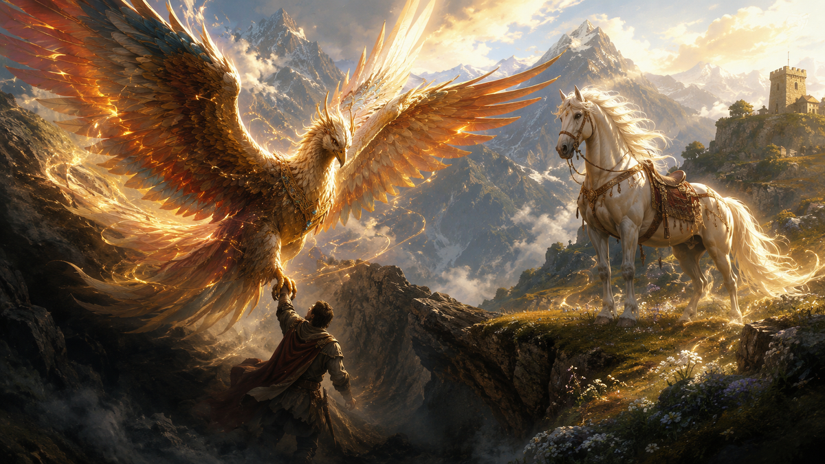 Bright fantasy illustration of Paskunji, a magical healing bird from Georgian folklore, helping a hero rise from darkness toward the light, with a white Rashi horse standing nearby among sunlit Caucasus mountains, glowing clouds, and ancient stone towers.