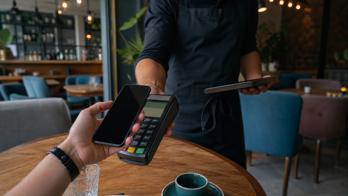 Smartphone and contactless payment terminal in a Georgian café, illustrating cryptocurrency payments and their legal restrictions.
