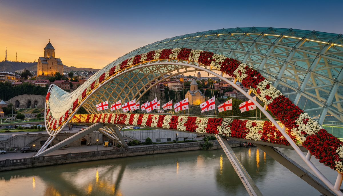 Tbilisi's iconic Peace Bridge covered in red and white floral arrangements above the Mtkvari river on Independence Day evening.