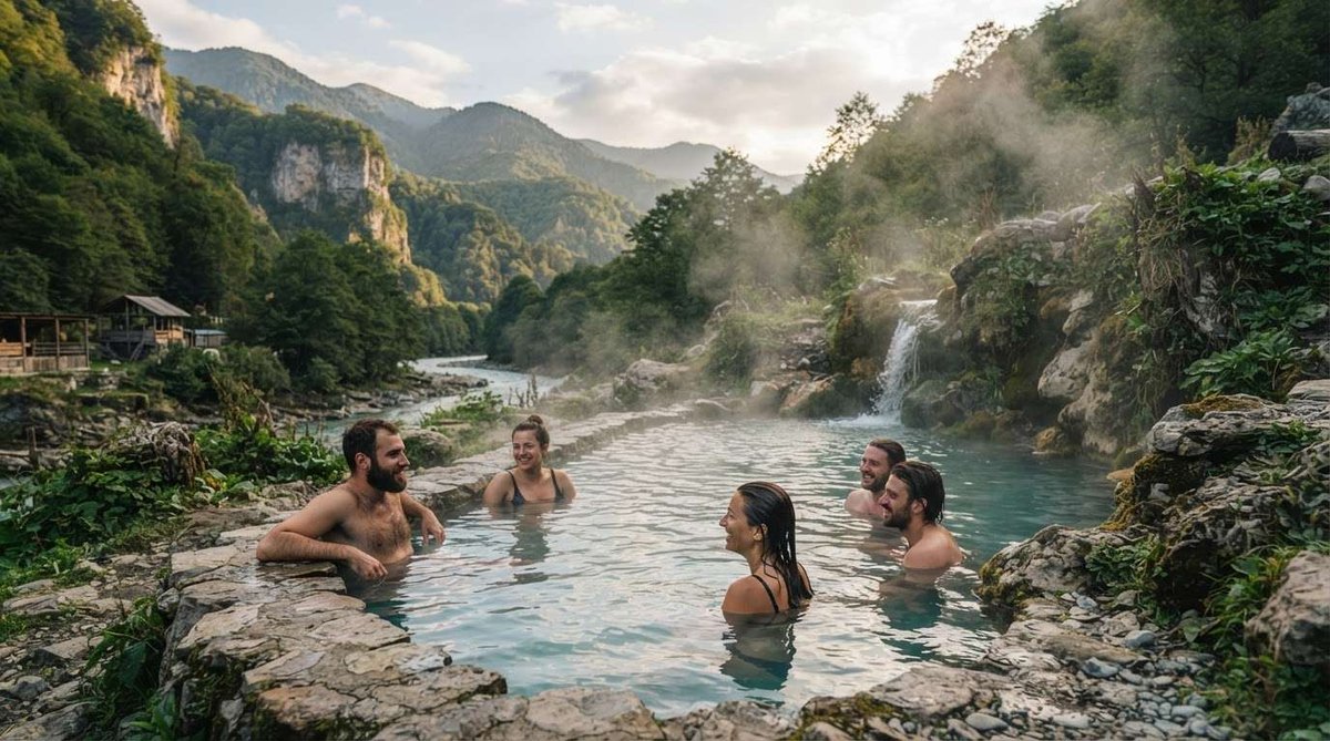 A group of people soaking in a steaming stone-edged thermal pool beside a river, with a waterfall and forested cliffs in the background.