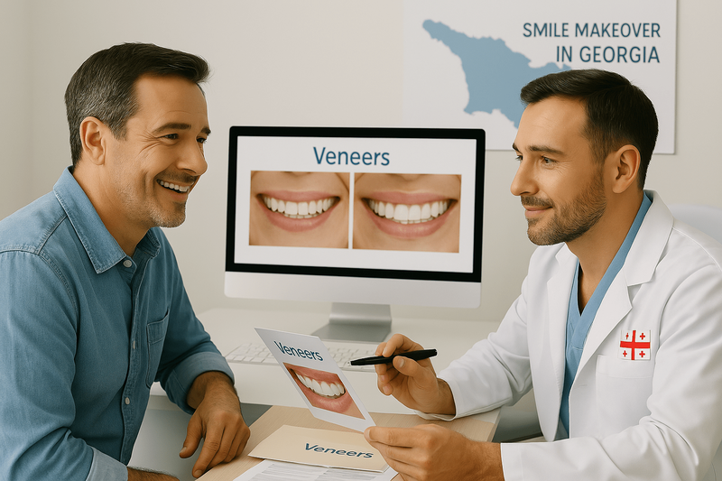 A man talks to a dentist before getting veneers installed.