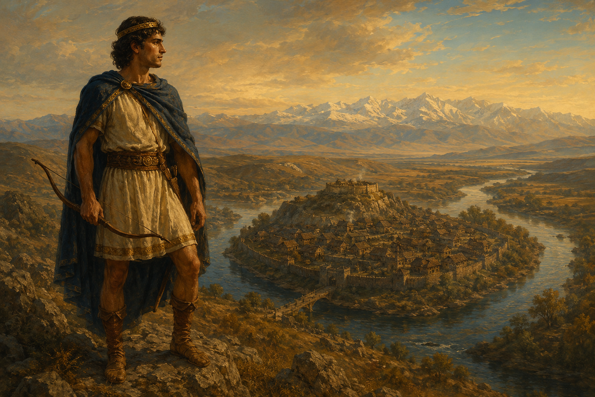 Pharnavaz I, the first king of Kartli, above the confluence of the rivers near Mtskheta.