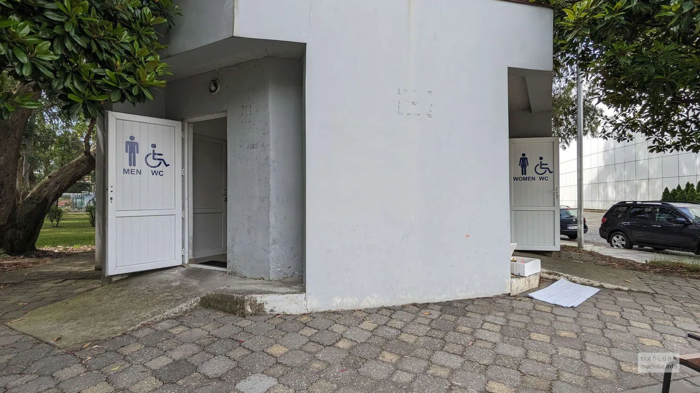 Paid toilet next to singing fountains and bamboo grove