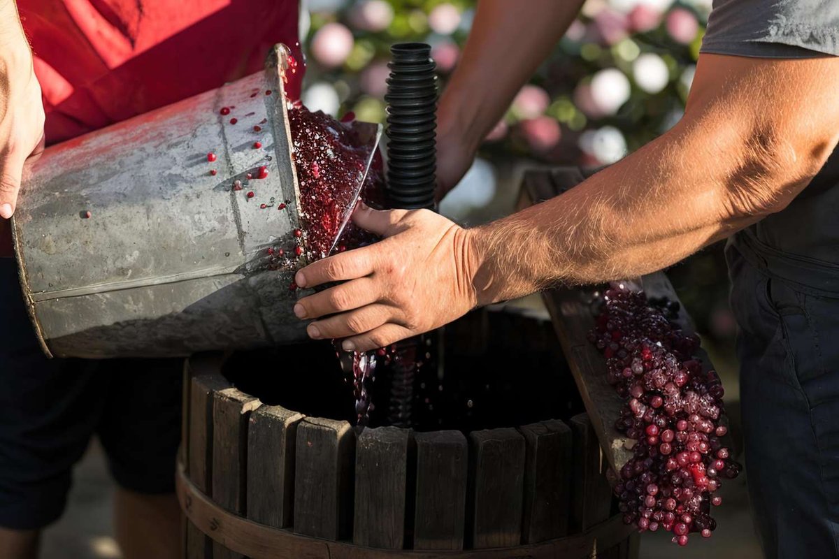 workers empty a bucket of freshly crushed dark grapes into a traditional wooden press during rtveli.