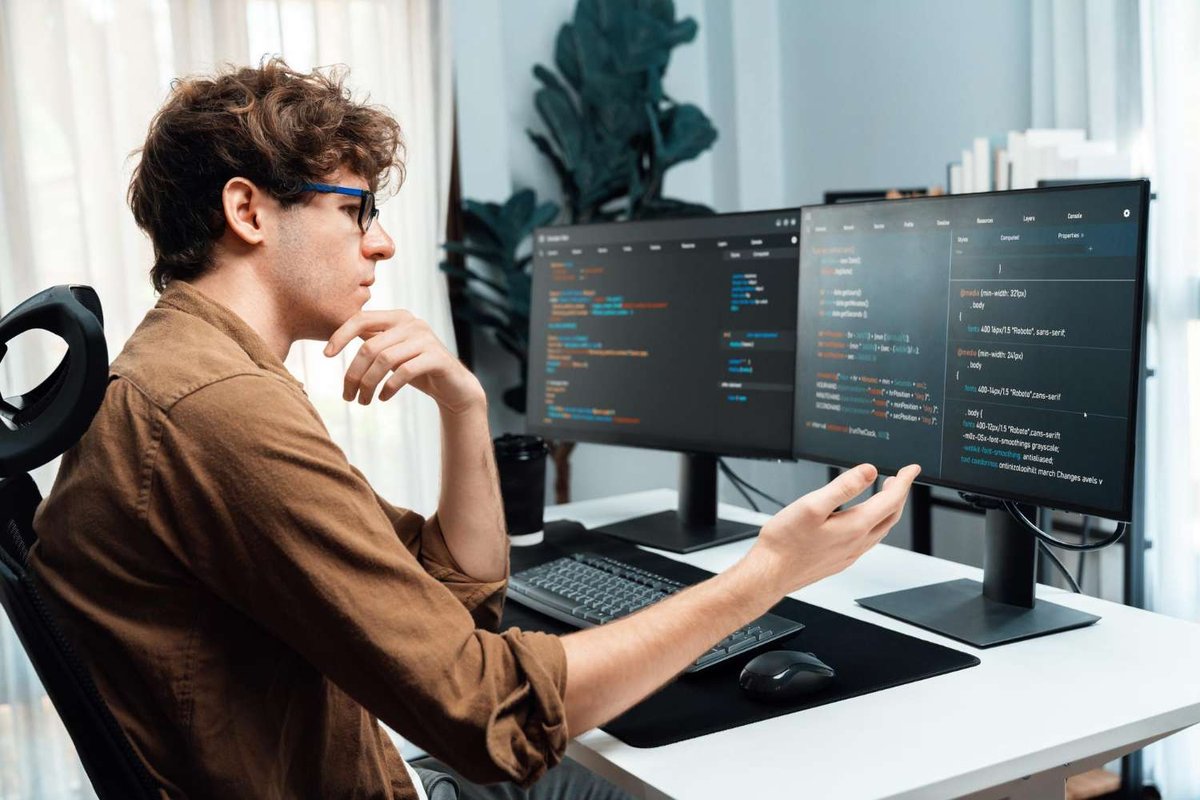 A man gesturing thoughtfully while reviewing code on dual monitors at a desk — illustrating programming courses in Tbilisi, Georgia.