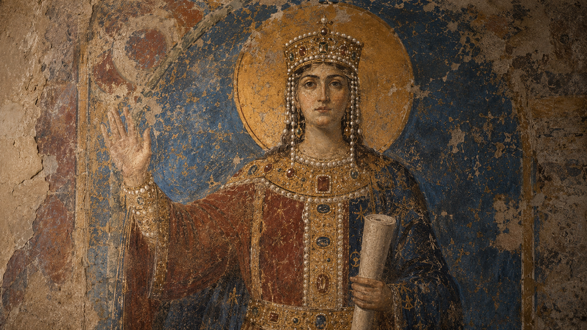 Queen Tamar, ruler of Georgia from 1184 to 1213, depicted in the style of a medieval fresco.